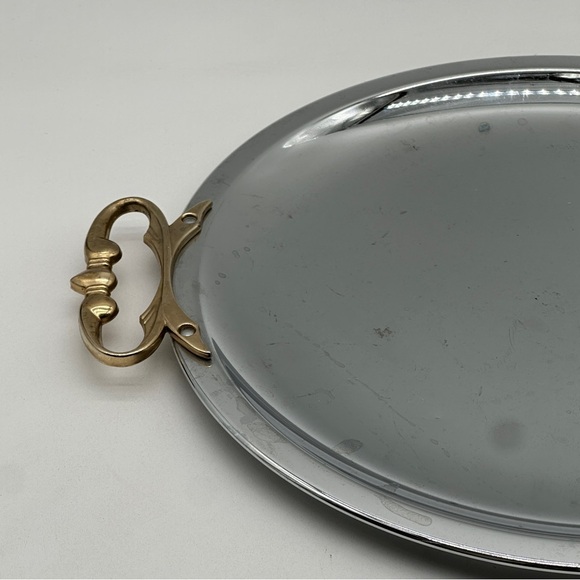 VTG KROMEX Serving Tray Dish Platter w/ Gold Brass Handles 13 3/8" Round USA MCM - Picture 2 of 8